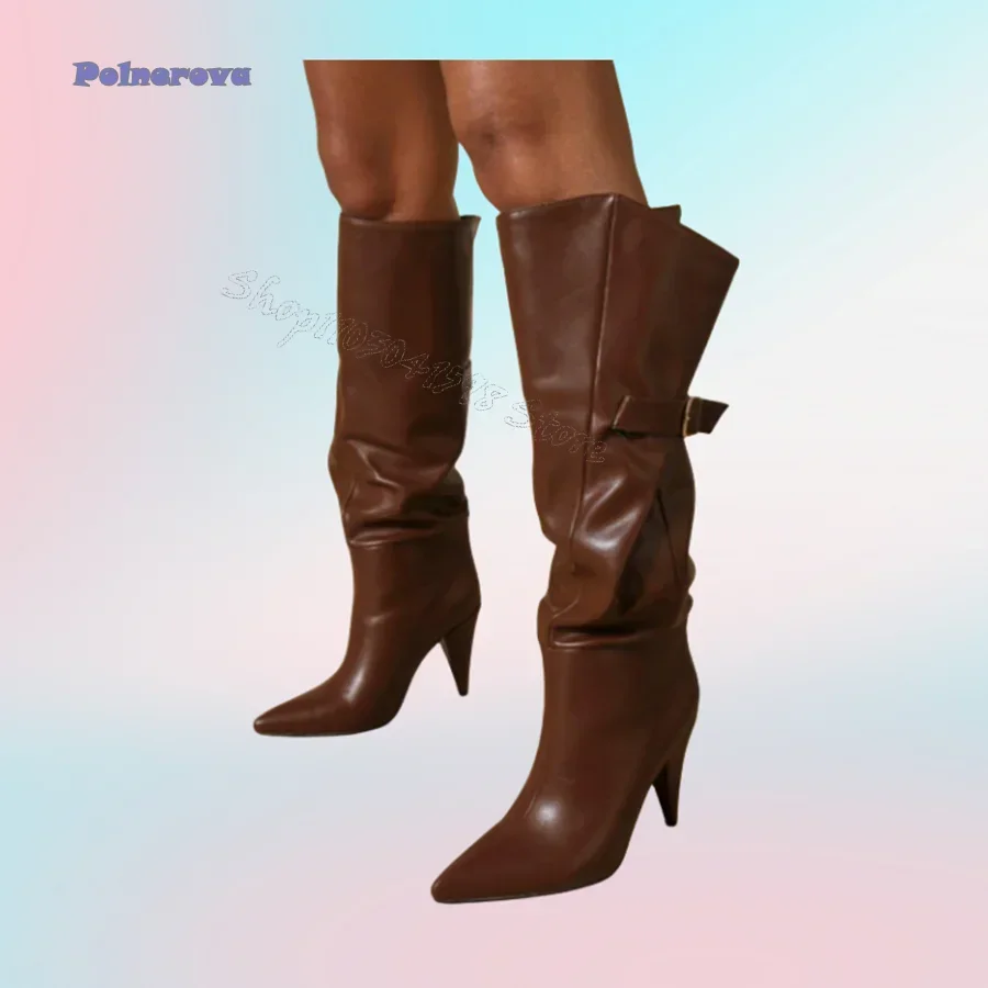 

Casual Leather Buckle High Heel Boots Pointed Toe Tapered Knee High Boots Zipper Boots for Women 2024 New Zapatos Para Mujere
