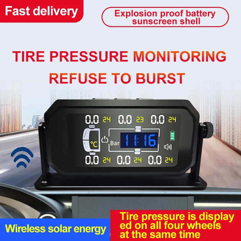 TPMS Solar 6 Sensors Truck Car Tire Pressure Monitoring System LCD Display Tyre Diagnostic Tools Alarm Monitor Autotruck Tester