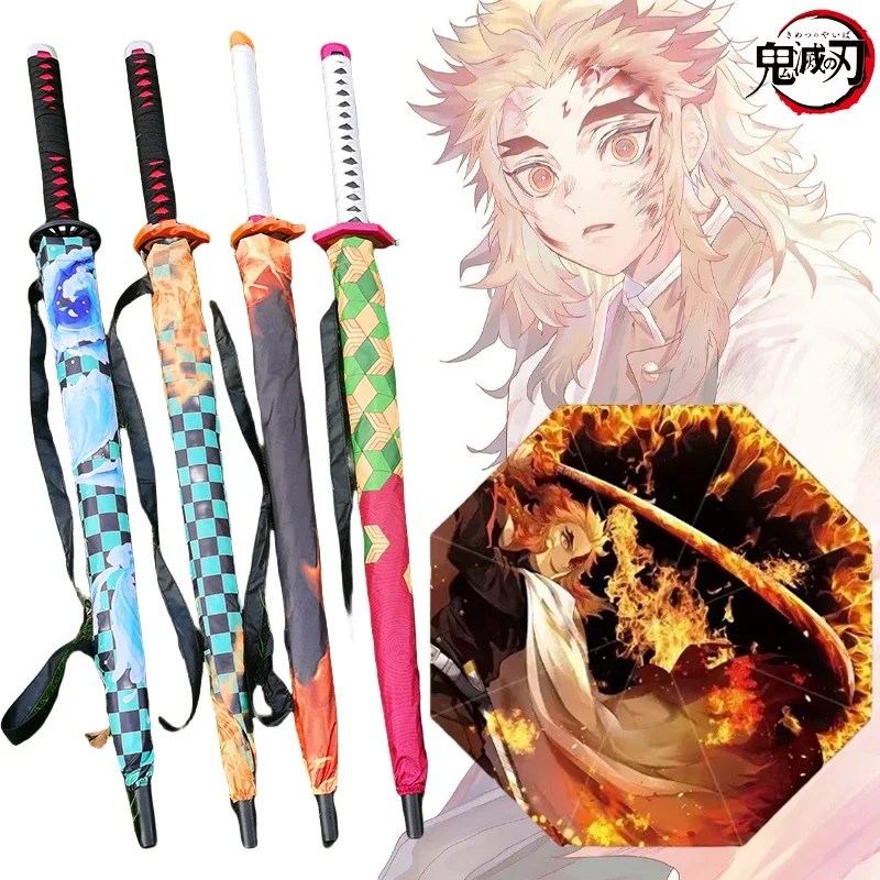 Anime Demon Slayer Katana Umbrellas Long Handle Black Parasol Kimetsu No Yaiba Tanjirou Kyoujurou Sabre Sword Umbrellas Parasol