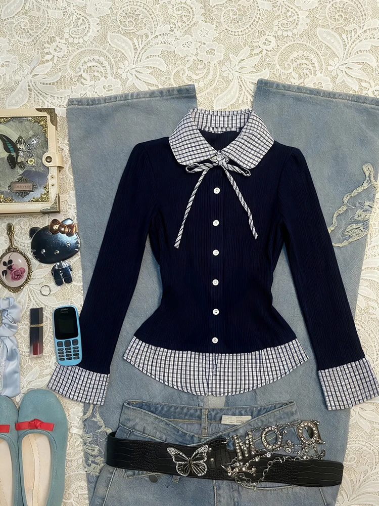 

Blue Plaid Doll Collar Long Sve irt Original Design Patchwork Casual Sle Slim Fit Cotton Blend Autumn Women's irt