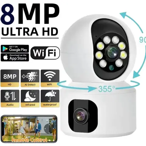 8MP 4K WiFi 카메라 듀얼 스크린 감시 자동 추적 양방향 오디오 CCTV HD 컬러 야간 투시경 모니터 실내 PTZ 스마트 캠 Best5