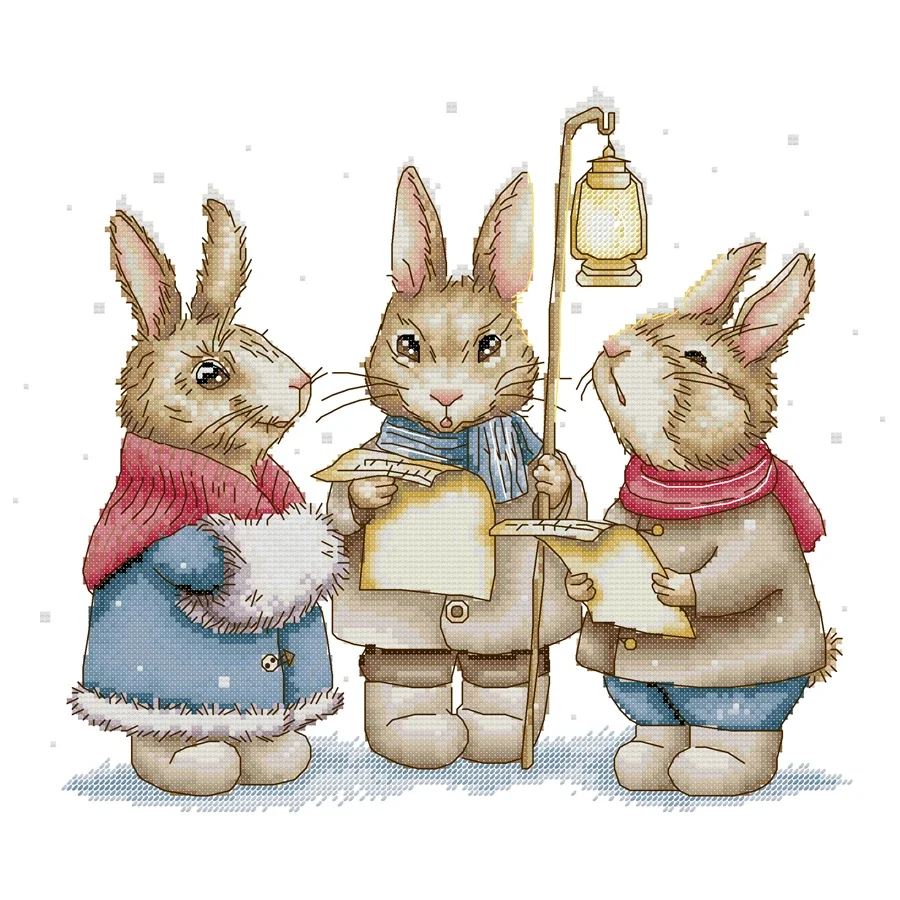 

Joy Sunday Cross Stitch Kit Rabbits Singing Christmas Carols 11CT 14CT Animal Printed Fabric Cross Stitch Kits Embroidery Kit