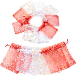 10/50/100pcs Hot Printing Organza Gift Bag For Jewelry Snowflake Drawstring Pouches For Wedding Christmas Party Candy Packing