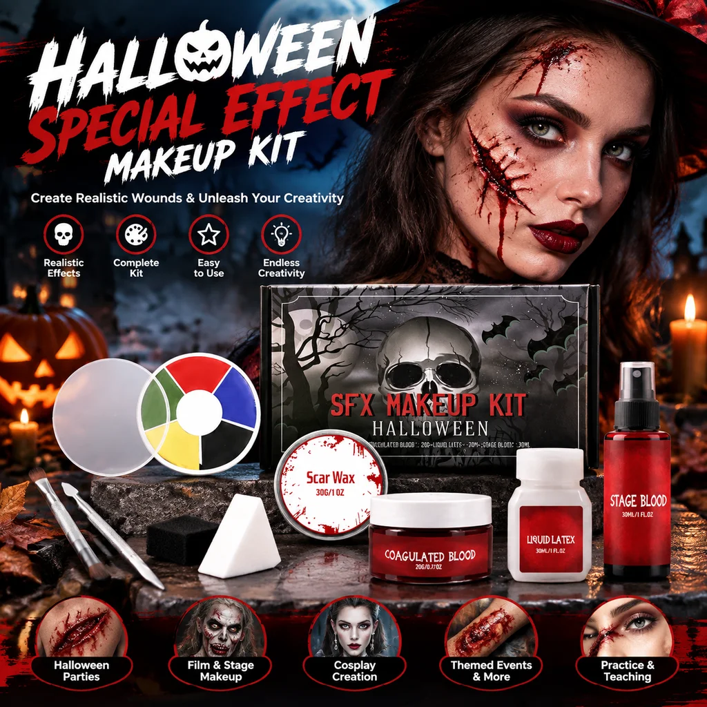 Halloween Makeup Kit Complete SFX Set Scar Wax Fake Blood Face Paint Palette Costume Cosplay Sensitive Skin Ready to Use 200g
