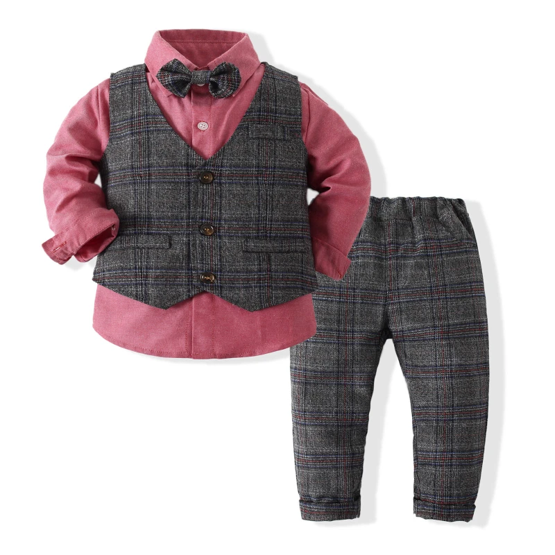 

New Kids Boy Gentleman Clothing Set Long Sleeve Shirt+Waistcoat+Pants and Bow Tie Boy Outfits for Wedding Party Dress Outfits