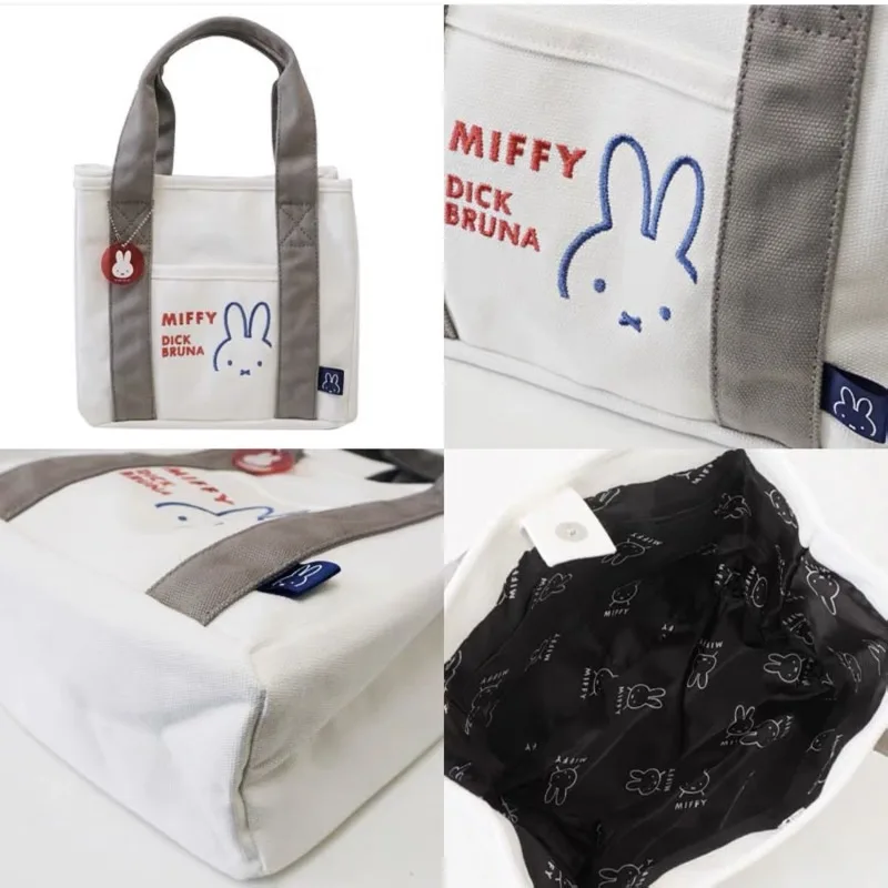 2025 New Japanese Miffy Rabbit Embroidery Series Canvas Bag Kawaii Large Capacity Handbag Student Office Bento Storage Bag