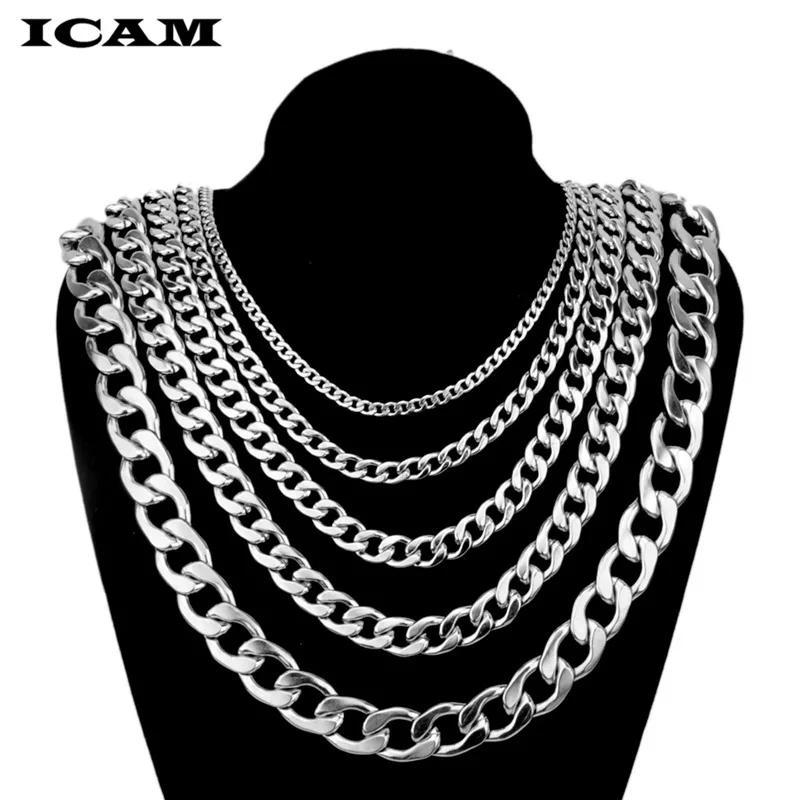 ICAM Silver Filled Solid Necklace Curb Chains Link Men Choker Stainless Steel Male Female Accessories Fashion