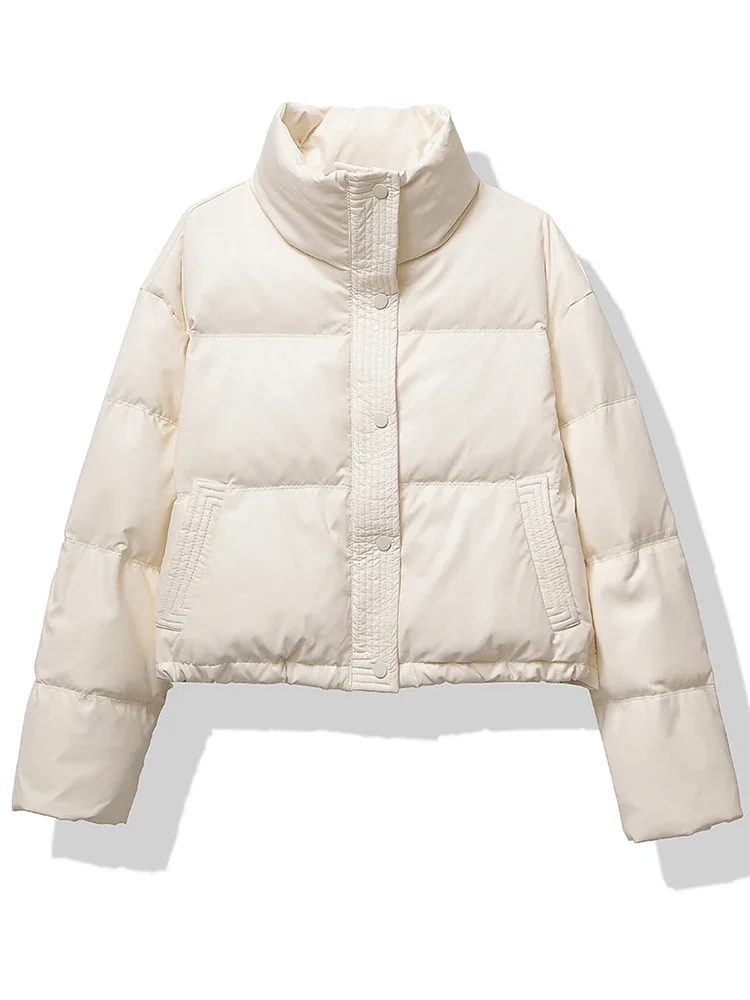 2025, Damen-Jacke, verdickt, Stehkragen, Baumwolle, gefüttert, einreihig, Tasche, lässig, Daunenmantel, Winter, warm, locker, kurzer Mantel, Herbst