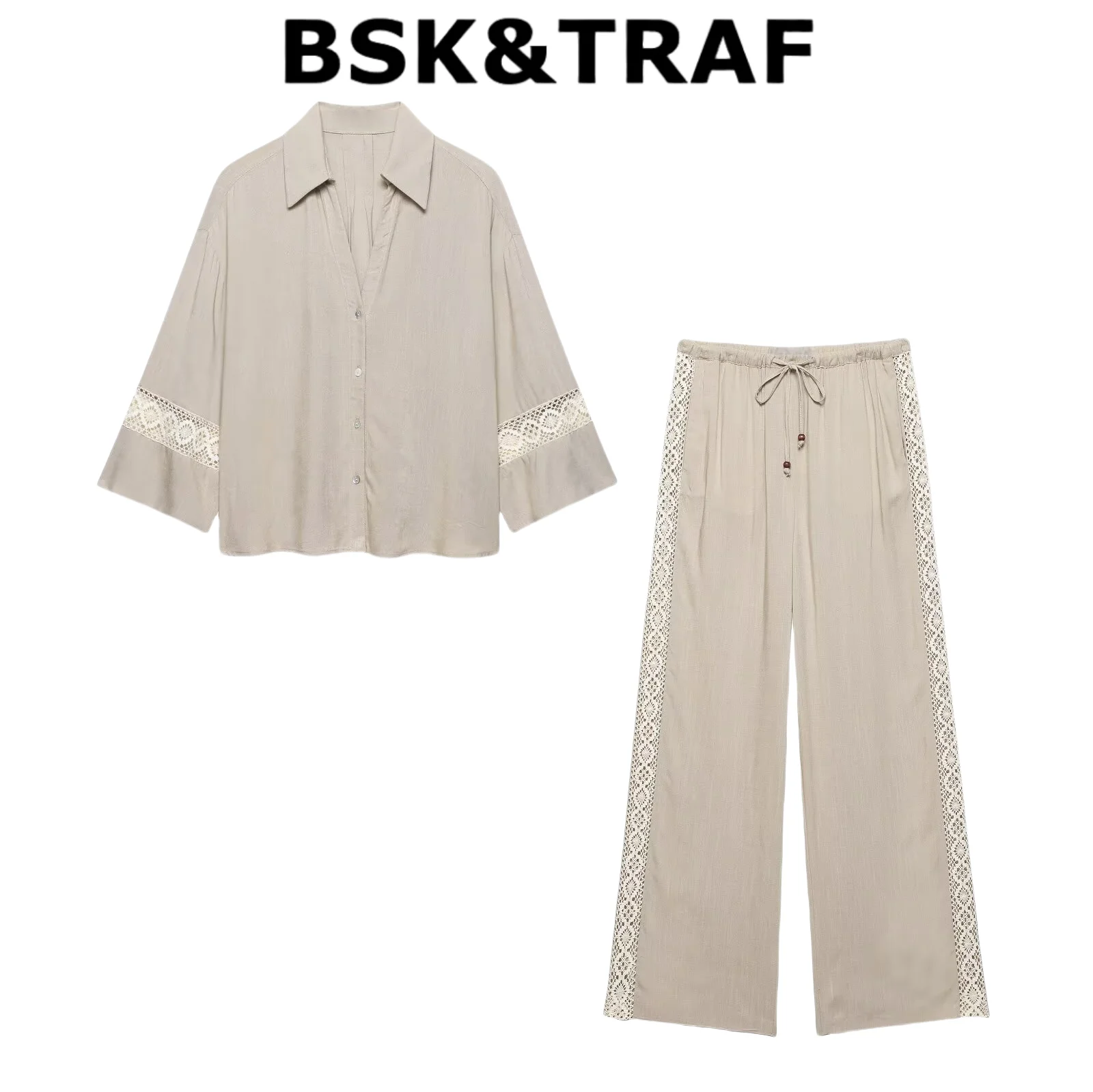 

BSK&TRAF2025 Summer New Products Women's Loose Long Sleeve Lapel Casual Shirt + Side Embroidered Wide Leg Casual Pants