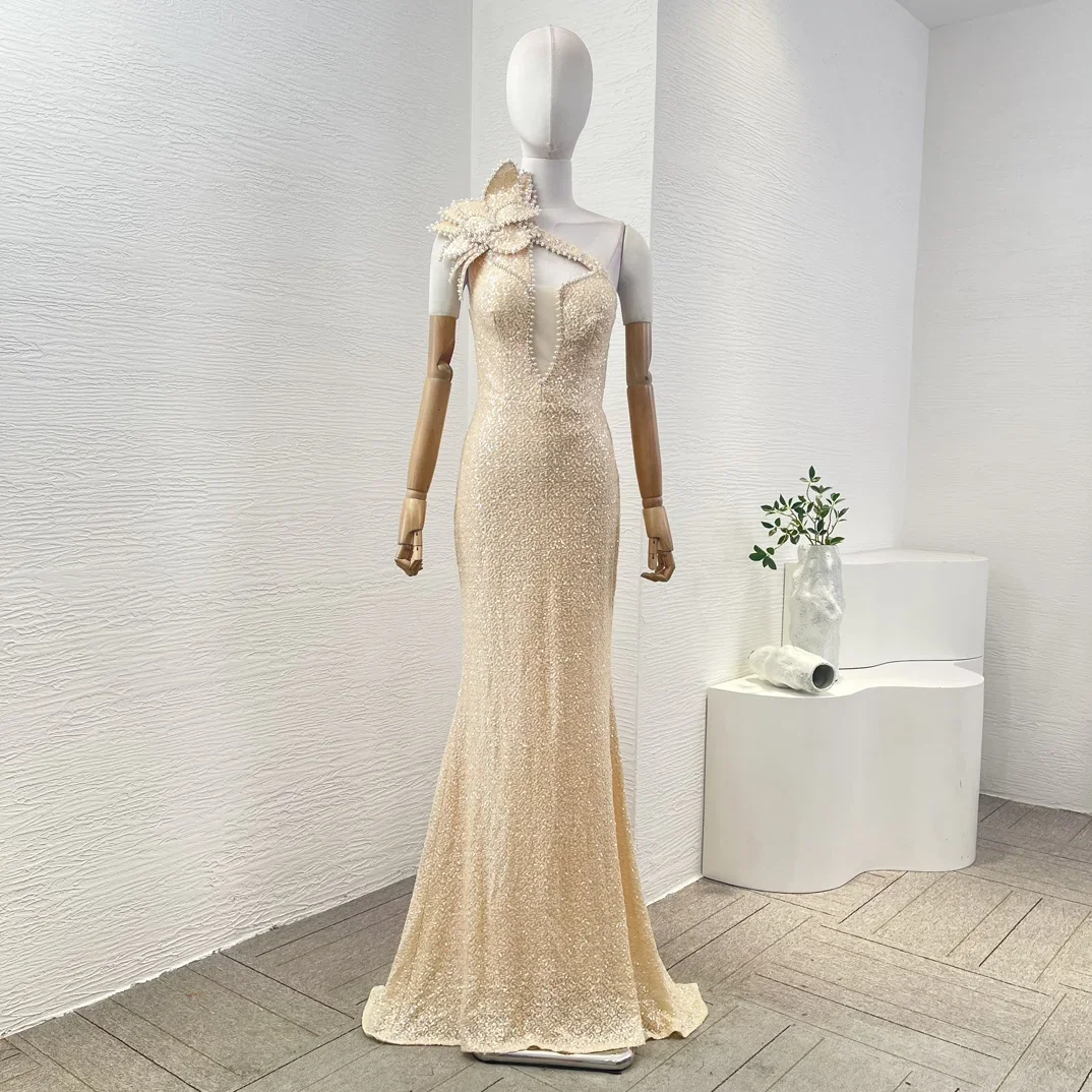 

2024 New Good Quality Light Champagne Color Cut Out Sleeveless Appliqued Sequined Diamonds Women Maxi Dress for Party