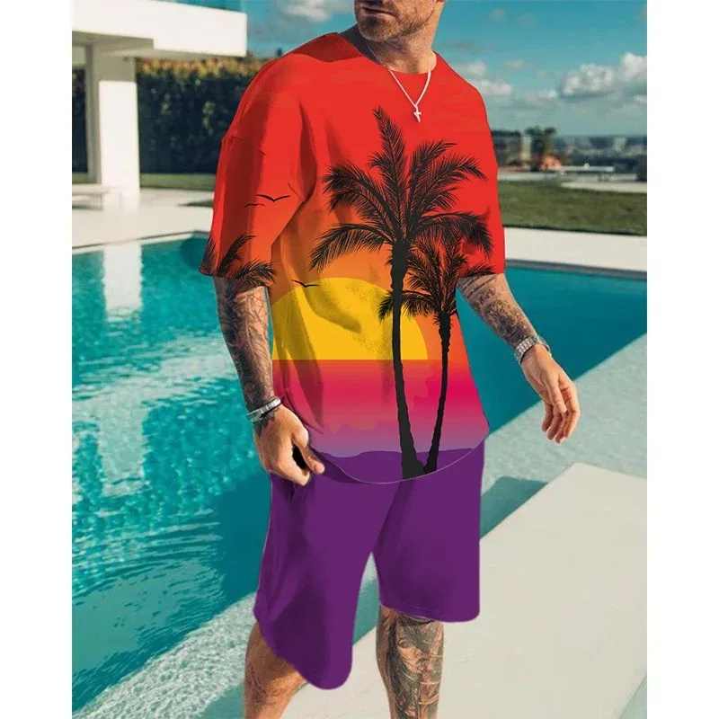 

2025 Coconut Tree 3D Printing Hawaiian Men's Suit T-shirt Shorts Two Piece Sports and Leisure Sports Set Oversized