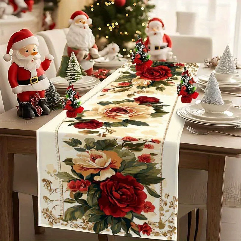 1 Piece of Red and White Rose Print Table Runner, Suitable for Dinner Parties, Holiday Parties, Family Gatherings, Children's Activities, Themed Cafes, Home Decoration, Christmas Markets, Cozy Tea Parties