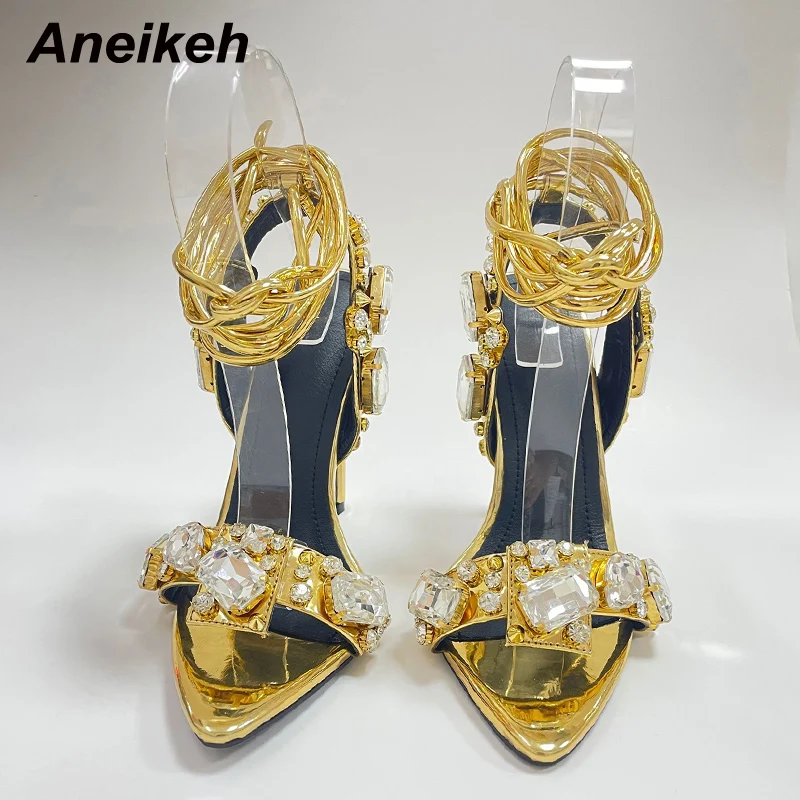 Aneikeh 2024 Summer Golden Sandals High Heels Women Diamond Bling Crystalpointed bandage Shoes Ankle Buckles Strap Sandals 35-42