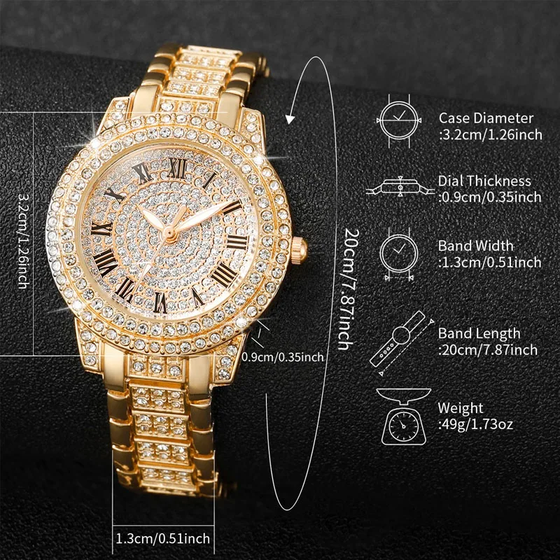 6PCS/Set أزياء الماس الكامل المرأة ووتش الذهب الصلب الفرقة الكوارتز الساعات الماس والمجوهرات مجموعة