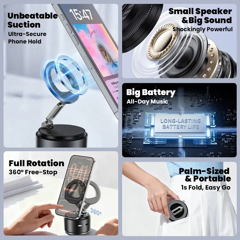 حامل هاتف مغناطيسي مع مكبر صوت بلوتوث 5.3 حامل قابل للتعديل بدون استخدام اليدين ملحقات حامل هاتف مغناطيسي للاستخدام المنزلي للسيارة #4