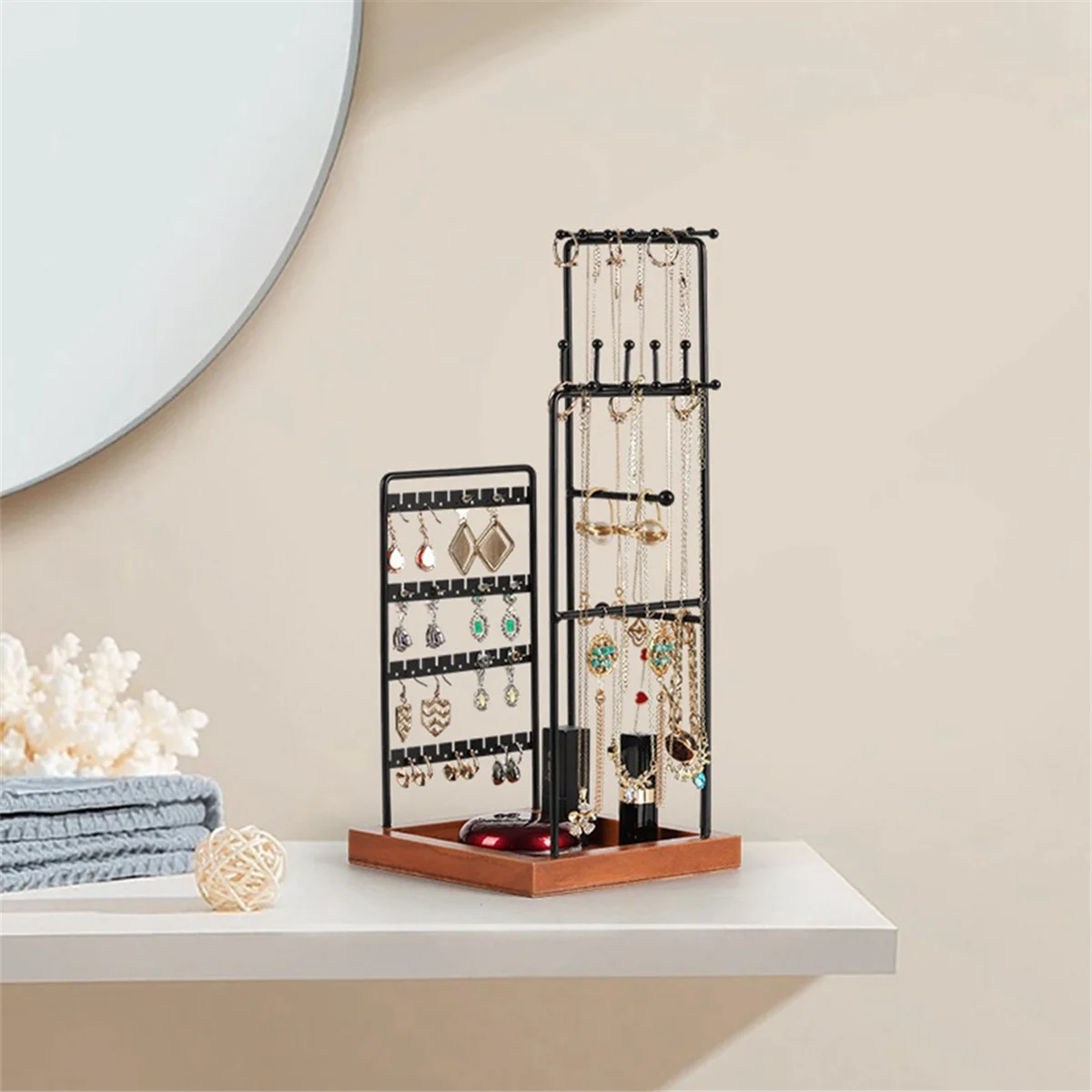 AGG-Square 3 Side Jewelry Organizer Removable Wooden Base Hair Ring Earring Organizer Bracelet Necklace Display Stand