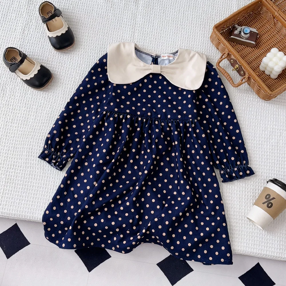 2024 Winter New Girls Dress Long Sleeve Peter Pan Collar Dot Dark Blue Beige Cute Designer Girls Princess Dress Vestido 2-7T