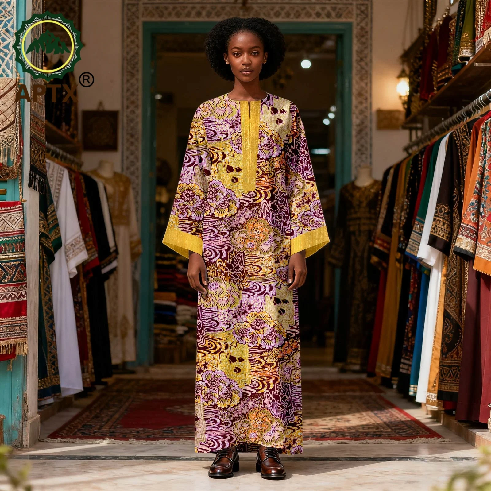 

Женское свободное платье-кафтан макси APTX с африканским принтом, дашики, с длинным рукавом, мусульманское платье, исламская абайя, одежда 2524016