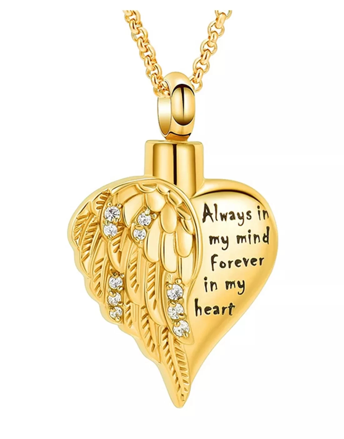 

Inlay Clear Cyrstal Angel Wing Heart Urn Necklace For Ashes Of Loved Ones Stainless Steel Cremation Memorial Jewelry Pendant