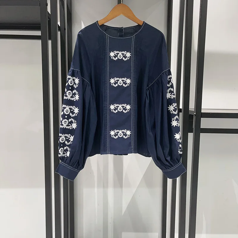 2025 가을 겨울 여성 신상 자수 셔츠 퍼프 소매 캐주얼 반팔 루즈핏 편안한 여성 상의