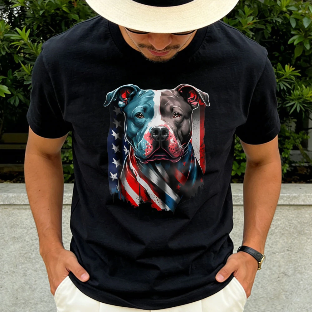 Pitbull American Flag Men T-Shirt Patriotic Graphic Summer Casual Gift for Dog Lovers Animal Enthusiast  Printed Tees