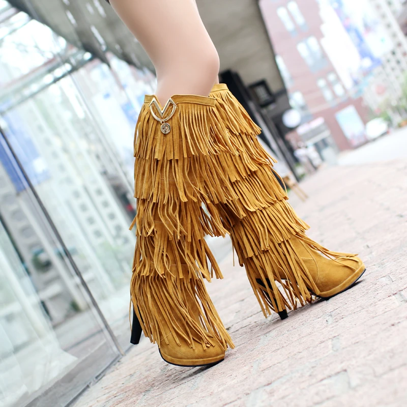 2024 Round Toe Platform Ultra-High Thick Heel Frosted Flock Material Tassel Women\'s Knee-high  Boots Metal Decoration Warm Boots