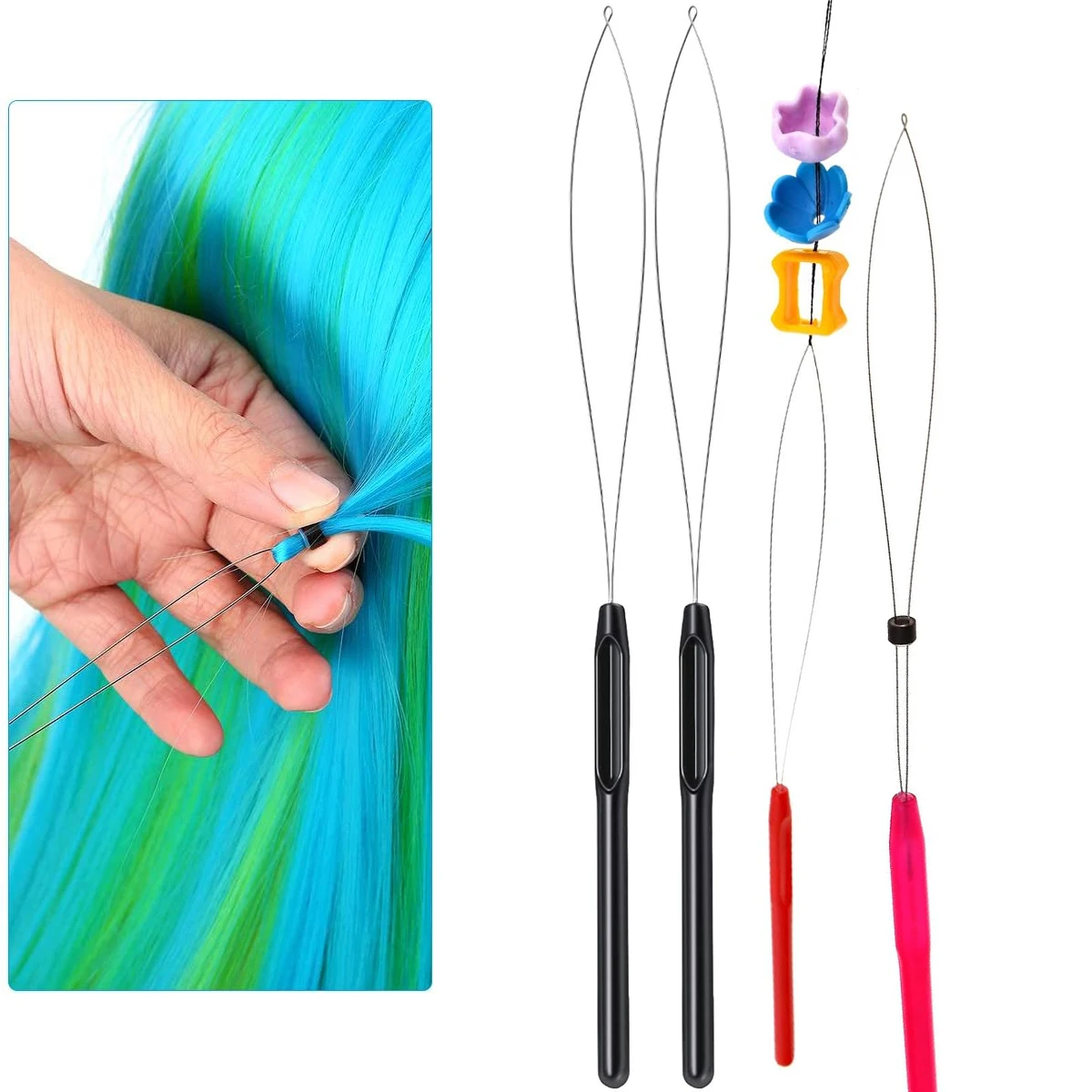 

5Pcs Random Color Hair Extension Loop Needles Pulling Hook Tool Needle Threader Loop Tool for Silicone Microlink Beads