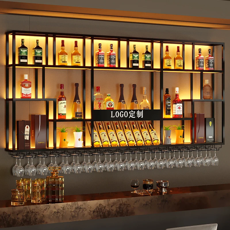 

Large-Capacity Iron Wine Rack Multi-Layer Wall-Mounted Wood Panel Furniture Space-Saving Wine Cabinet Storage Solution for Bars