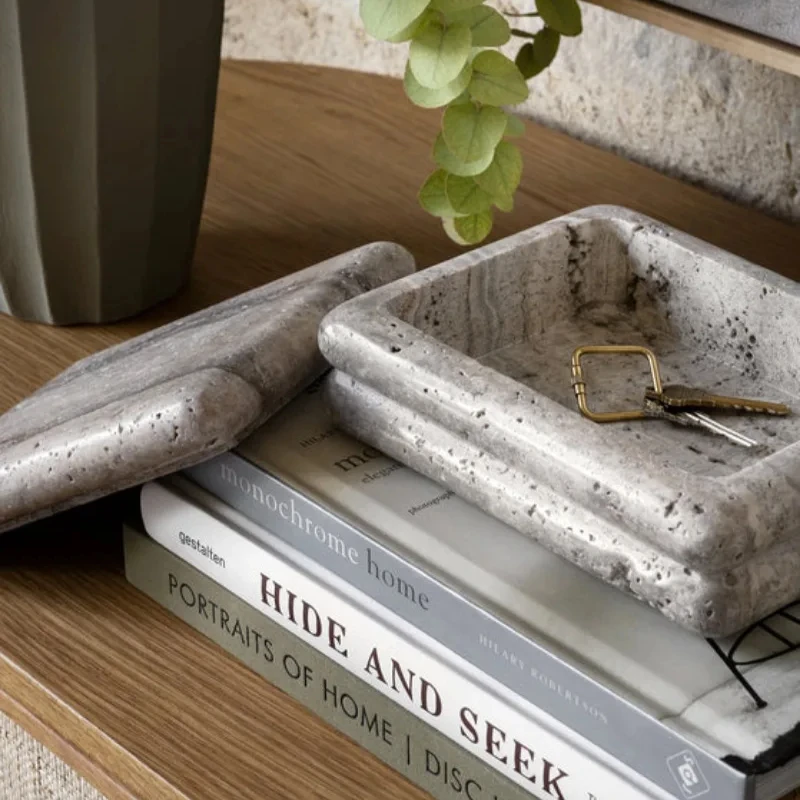 

wholesale price 25 usd 20.3x15.3x7.6 CM Natural Marble Stone Jewelry Storage Box with lid Debris Storage Silver Gray Travertine