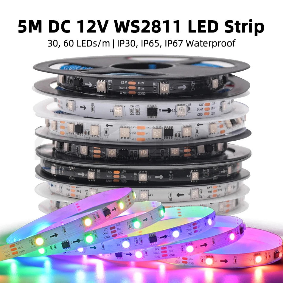 5m DC 12V WS2811 LED Strip Light 150/300 LEDs RGB ic 5050 SMD Flexible Pixel Lamp Bar & 21-Key RF or Smart Bluetooth Controller