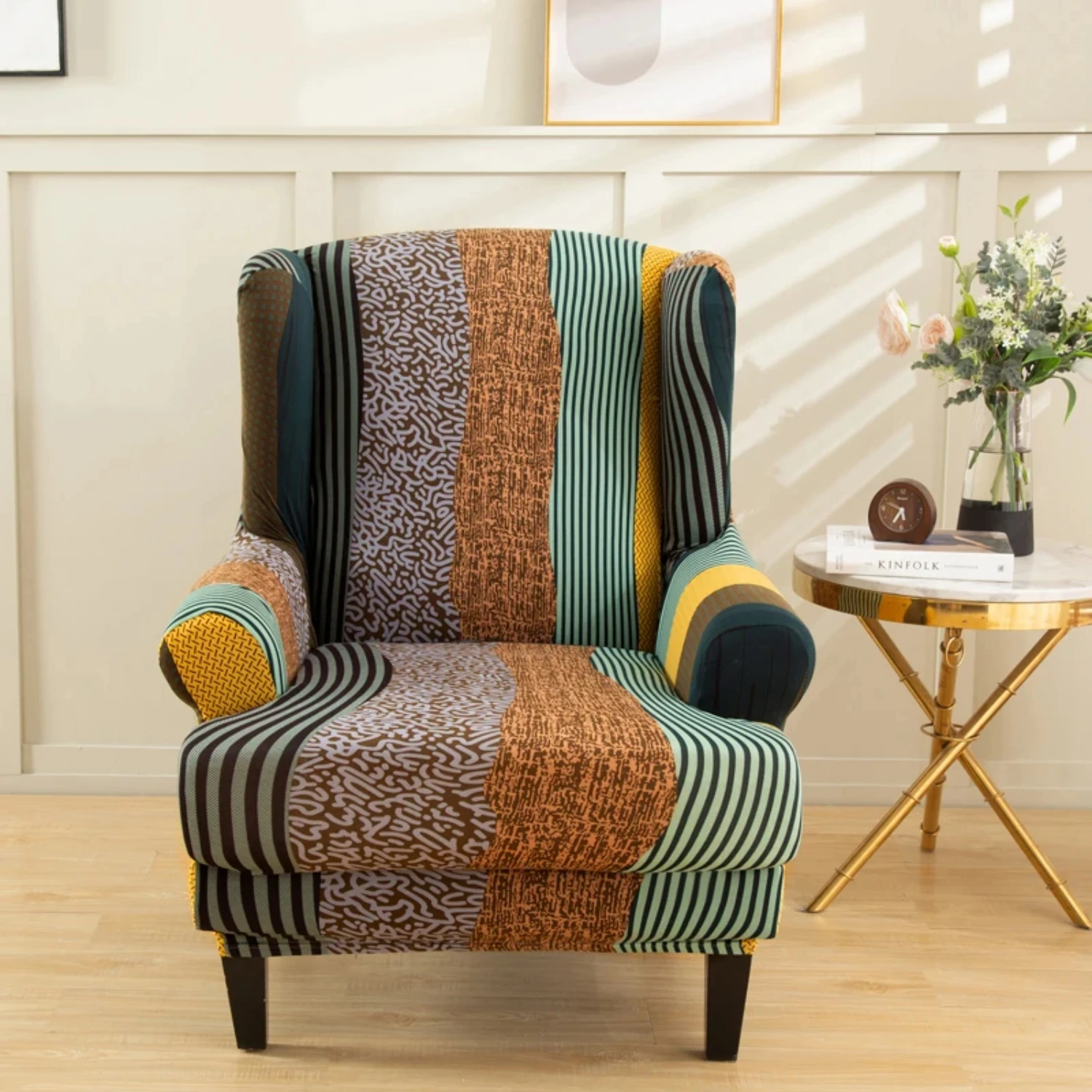 High Back Geometric Wing Chair Cover, Stretch Spandex Nordic Armchair Covers with Removable Cushion Cover, Relax Sofa Slipcovers