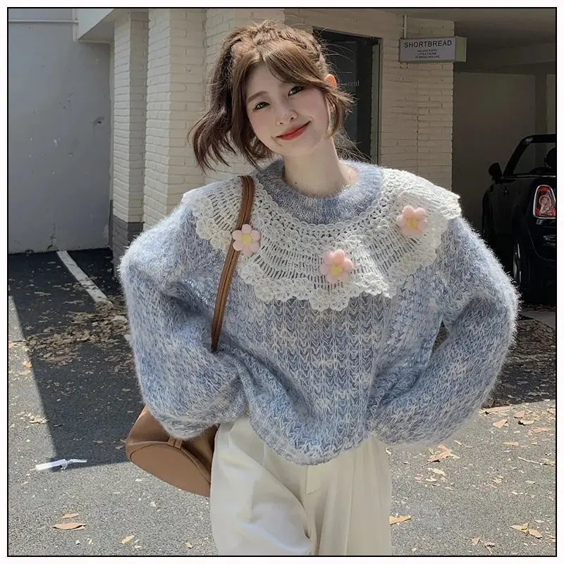 Korea Sweater Women Sweet Patchwork Knitted Top Korean Fashion Kawaii Knitwear Sweaters Girly Y2k Clothes