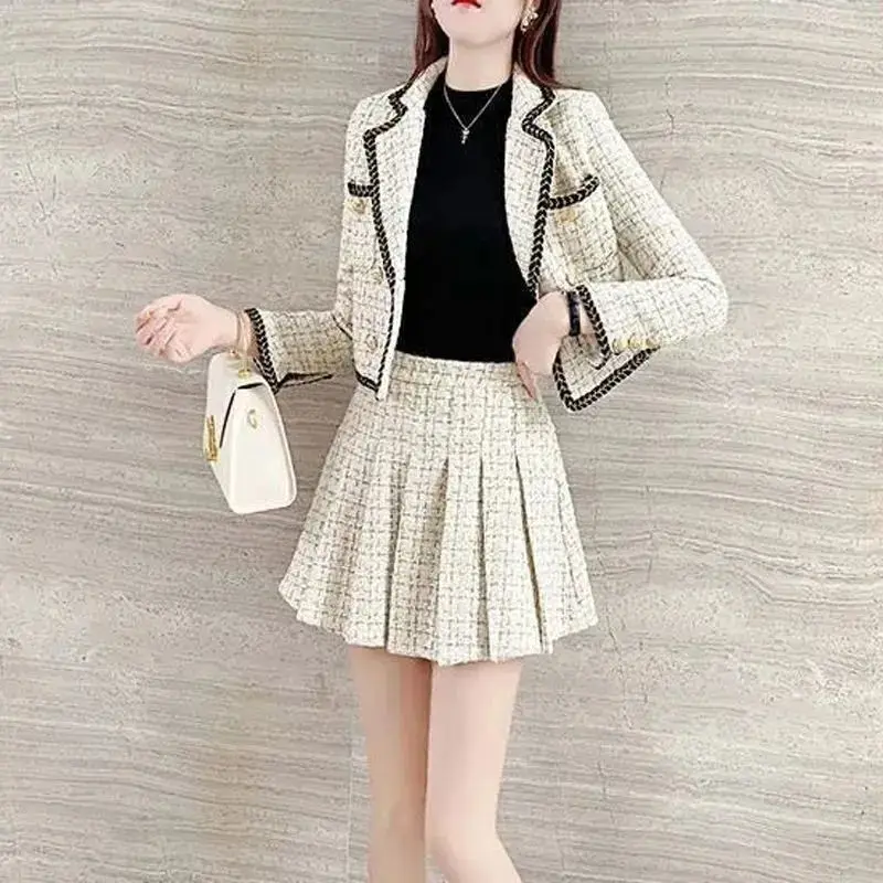 UNXX 2024 Autumn Winter Trendy Luxury Elegant 2 Piece Sets Women Notched Collar Long Sleeve Chic Blazers Sexy Pleated Mini Skirt