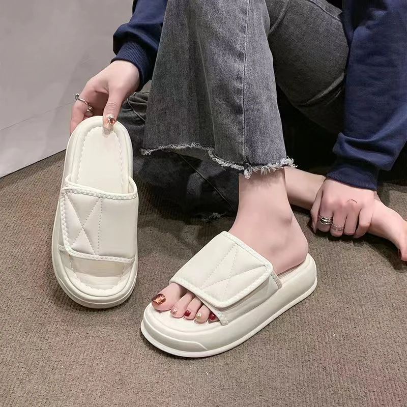 

Platform Women's Slippers 2025 New Velcro Non-slip One-word Flip Flops Muffin Lazy Beach Cool Slippers