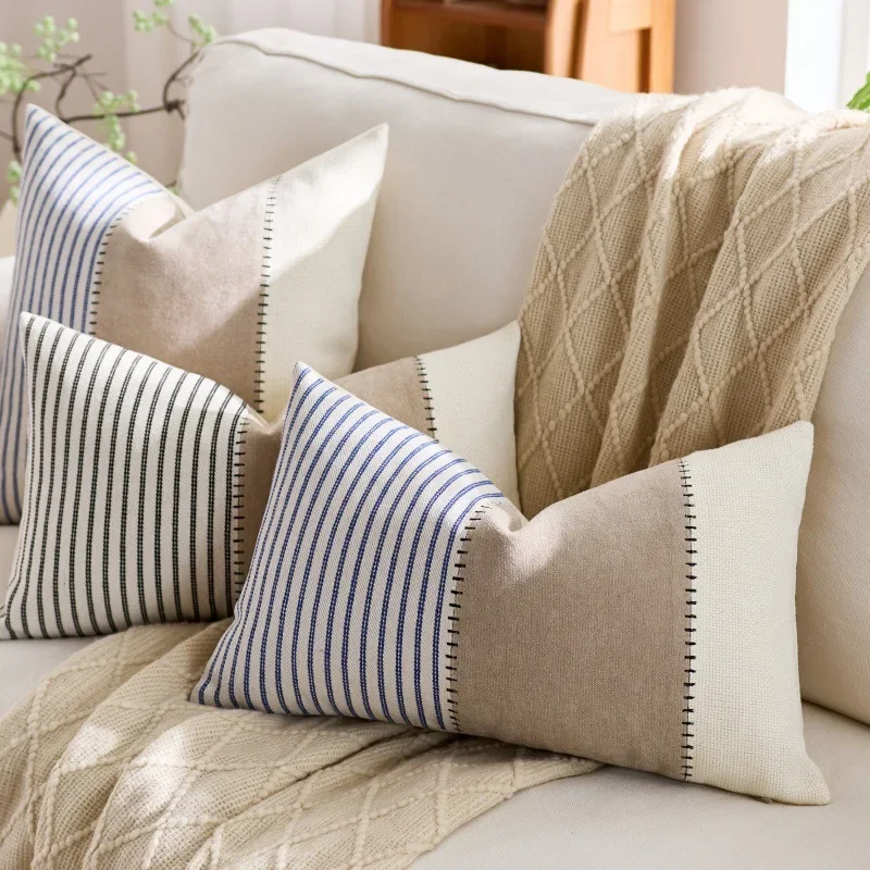 2PC Minimalist Linen Cotton Cushion Cover Reversible Stripes Patchwork Sofa Pillow Case Durable Home Decor for Living Room