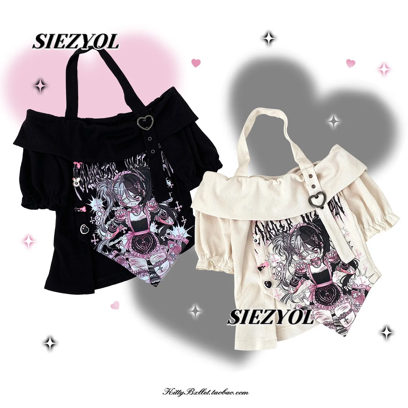 Japanese Original Subculture Students Off-shoulder Adjustable Halter Neck Tops Sweet Cute Versatile Printed Short-sleeve T-shirt