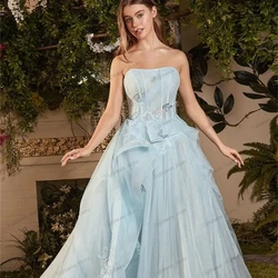 Glamorous Prom Dress Pretty Evening Dress Flower Decorate Strapless Backless Ball Gowns Tulle Tiered Beautiful Vestidos De Gala