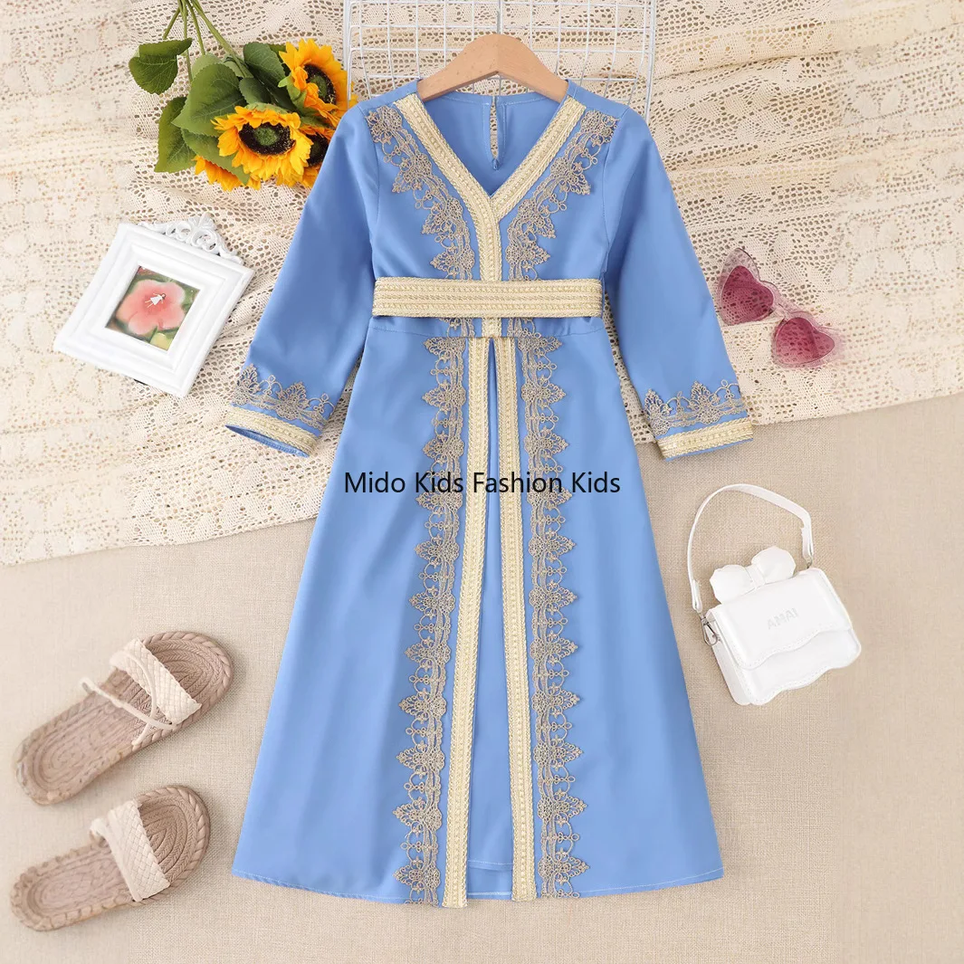 Middle East Arab small children's robe belt dress cross-border girls foreign trade Dubai girls lace dress v-neck