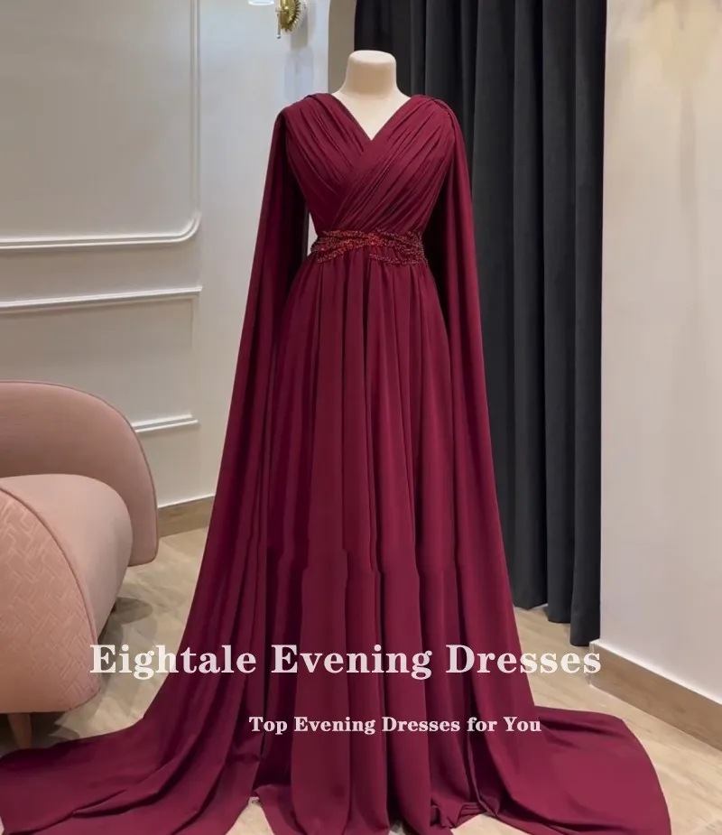 Eightale Arabische Abendkleider für Hochzeit, Party, Chiffon, V-Ausschnitt, Perlen, individuell gestaltete Flügelärmel, Burgunderrot, A-Linie, Abschlussball-Party-Kleider