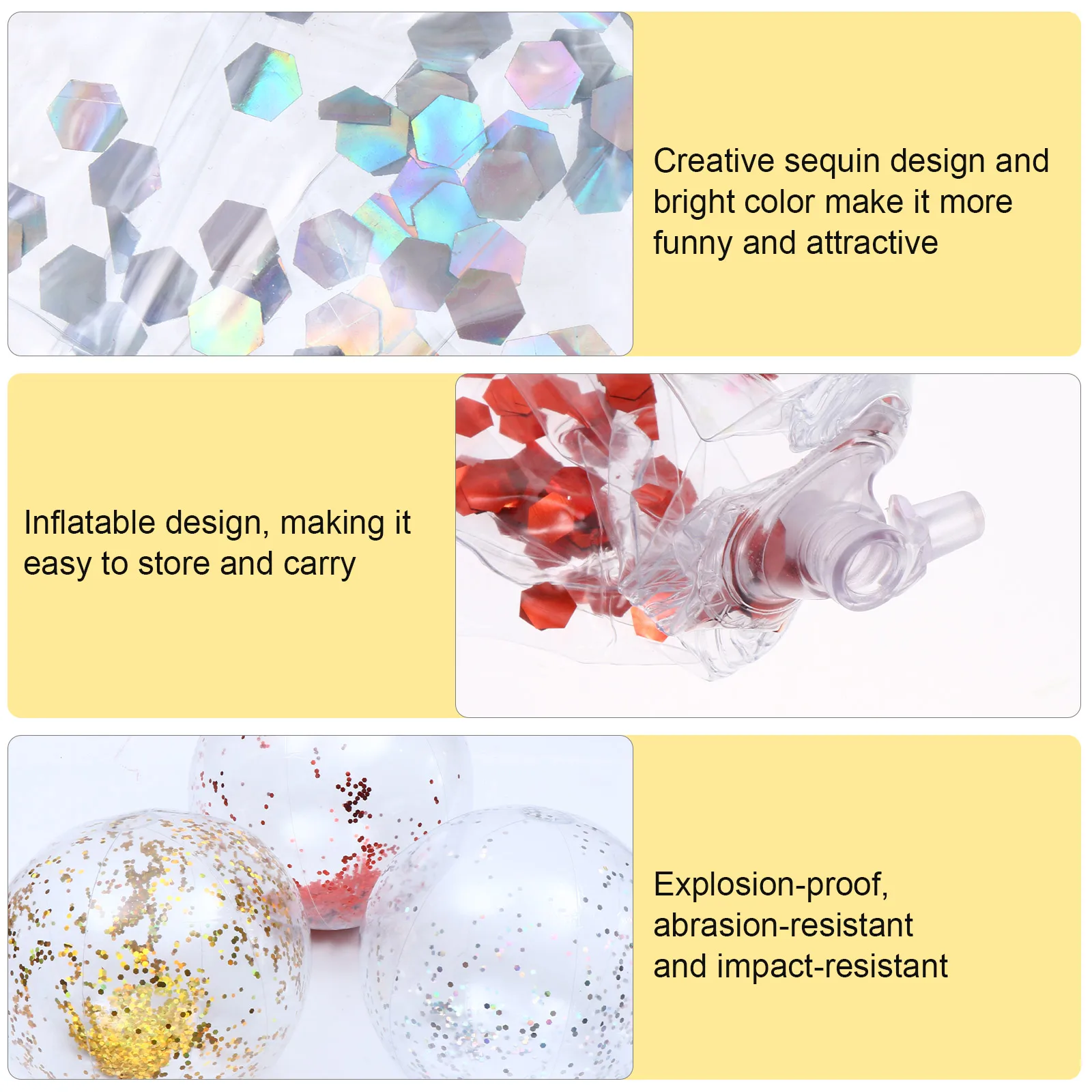 Pelota de playa de 3 uds., juguete inflable de agua con lentejuelas de PVC, fácil de llevar, ahorro de espacio, pelota de juguete de Color brillante para fiesta en la playa