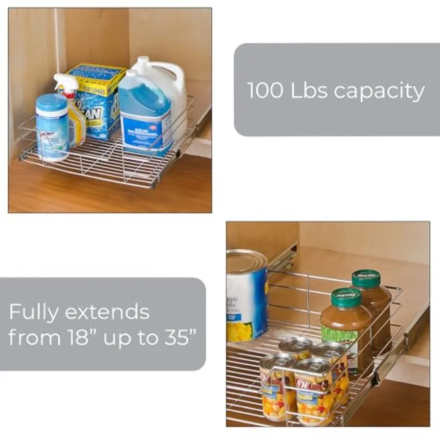 1-Tier Shelf Pull-Out Cabinet Organizer - Extra Large Tall - Roll-Out Extendable Sliding Drawer - Steel Metal - Kitchen 20 Inch