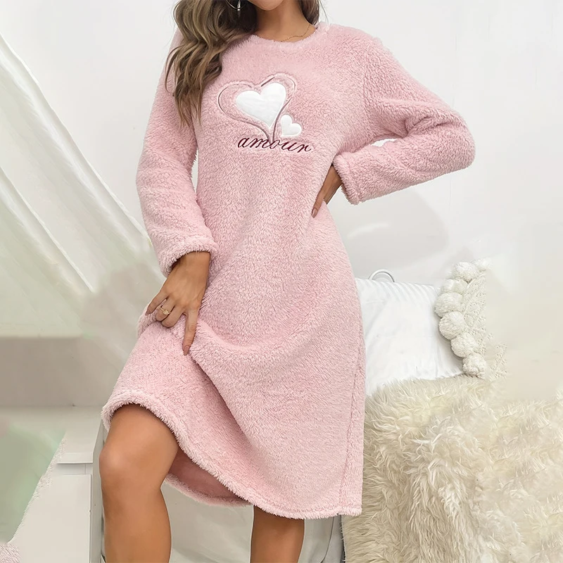 Women\'s Nightdress Nightgown Winter Warm Flannel Night Dress Casual Long Sleeve Sleepwear & Loungewear Nightwear Pyjama Femme
