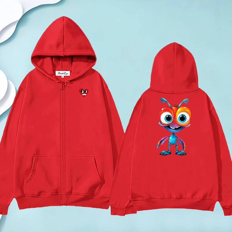 

Anime Big Eyed Ant Kingdom Printing Women Zipper Hoodie Polyester Red Eyes Beard Heart Embroidery Pocket Autumn Loose Sweater