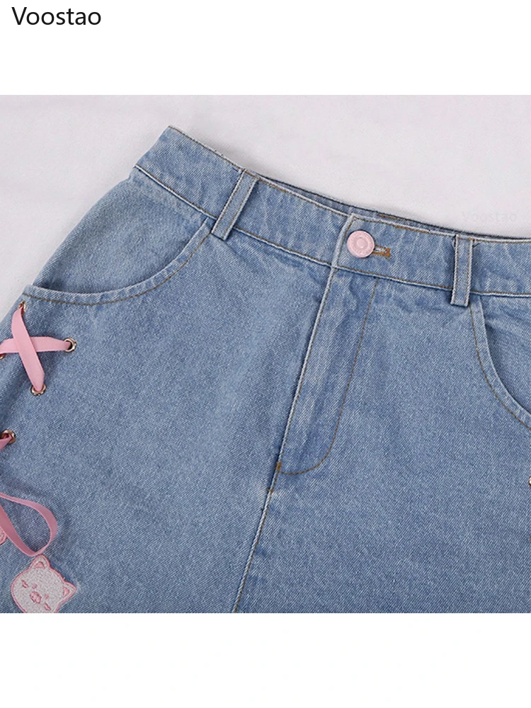 Summer Harajuku Lolita Style Denim Shorts Girly Sweet Cute Cartoon Piggy Embroidery Bow Bandage Short Pants Women Kawaii Jeans