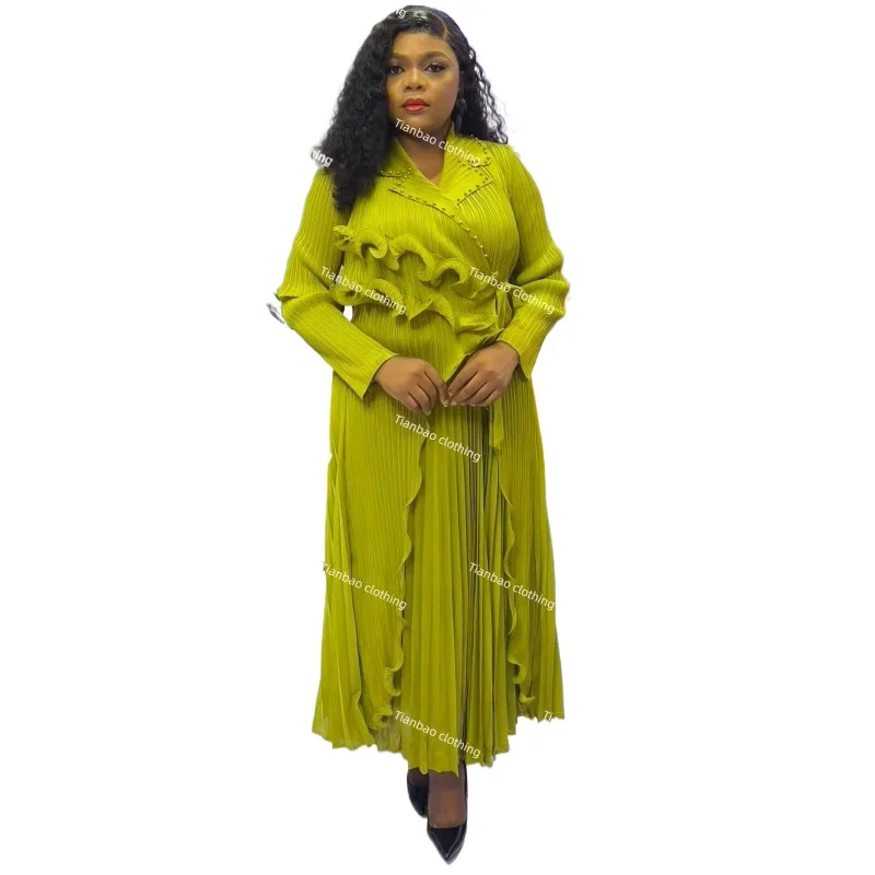 

Miyake Pleated Dress for Women 2025 Solid Color Dense Edge Bead Lace Suit Collar Long Sleeve Large Size Elegant Pleated Skirt