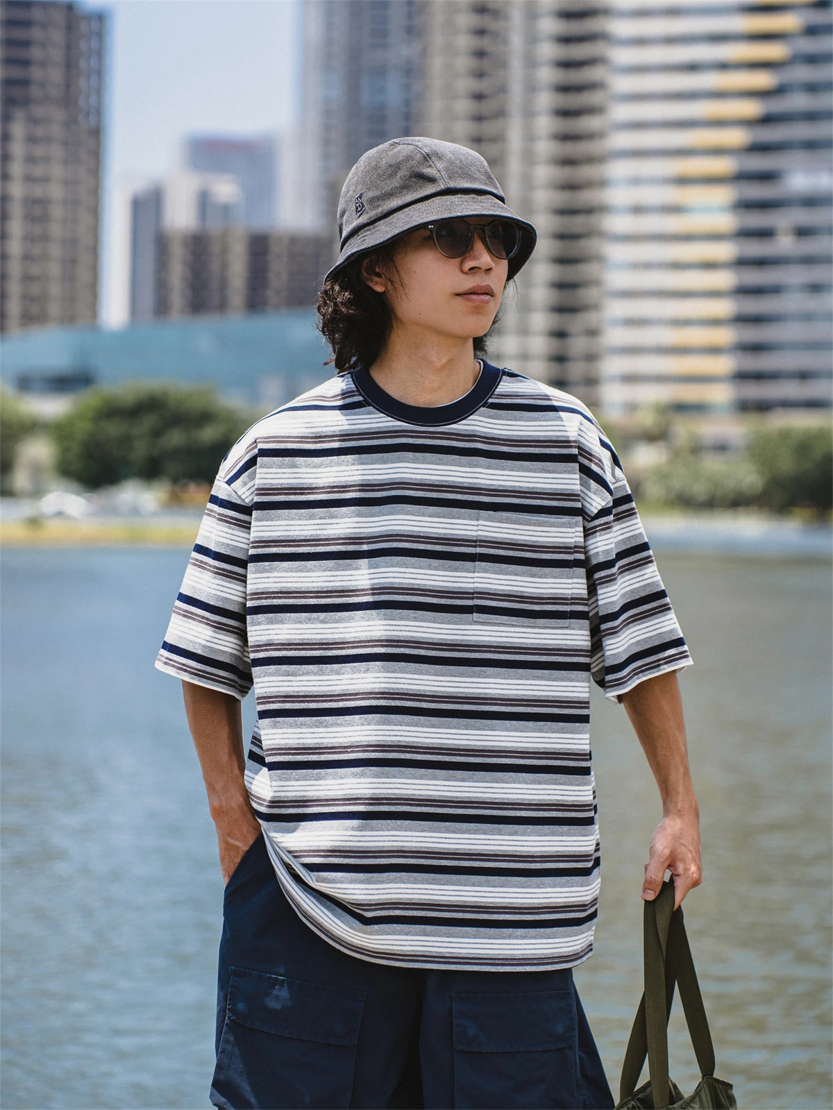 Retro Japanese Style Short Sleeve T-Shirt 250g Black Grey Patchwork Stripes Loose Fit Men's Casual Breathable Sweat Absorbent