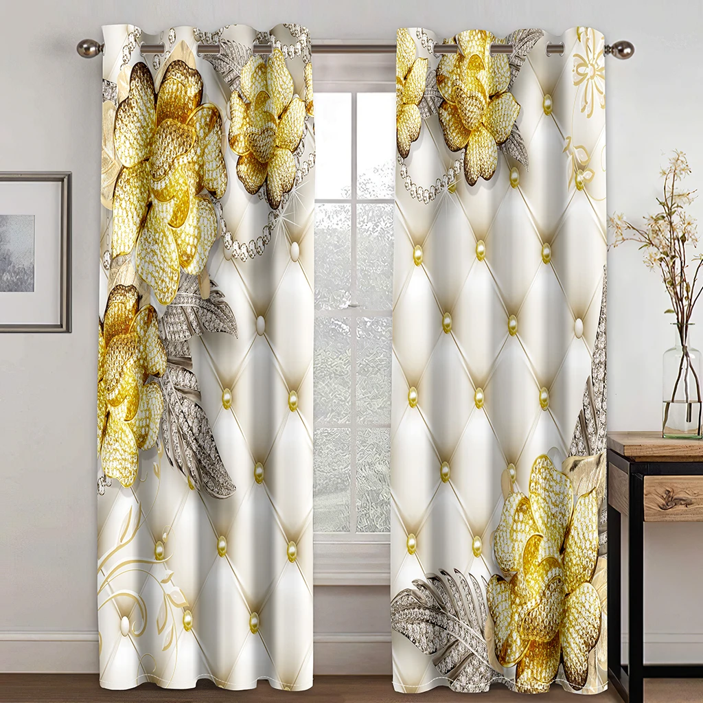 

Luxury Golden Flower Rose Diomand Girl Window Curtains Binds for Living Room Kids Bedroom Kitchen Door Home Decor Appliance 2Pcs