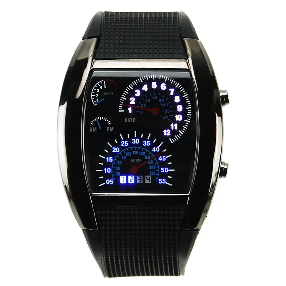 Unisex Waterproof Aviation Watch Black Blue LED Car Meter Dial Sports Wrist Watch Adjustable Rubber Band Date Week