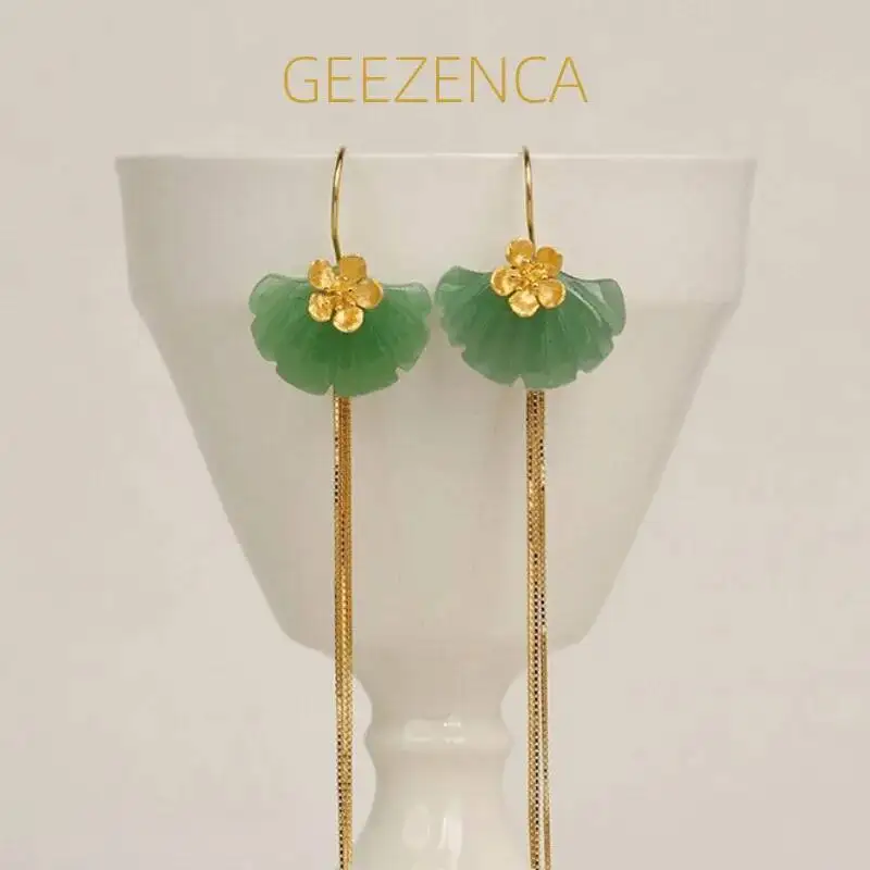 

GEEZENCA авантюрин лист гинкго 925, серебряный цветок, длинные висячие серьги с кисточками, женские изящные модные массивные серьги в подарок