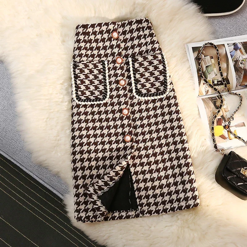 

2025 New Fashion houndstooth Woolen Skirts Women Spring Autumn Vintage A-line Skirt Female